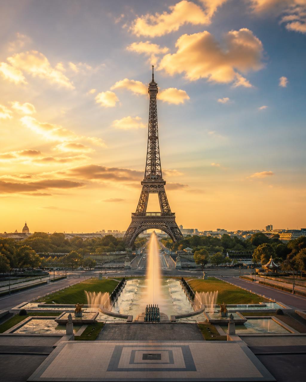 Telhados parisienses ao amanhecer com névoa suave