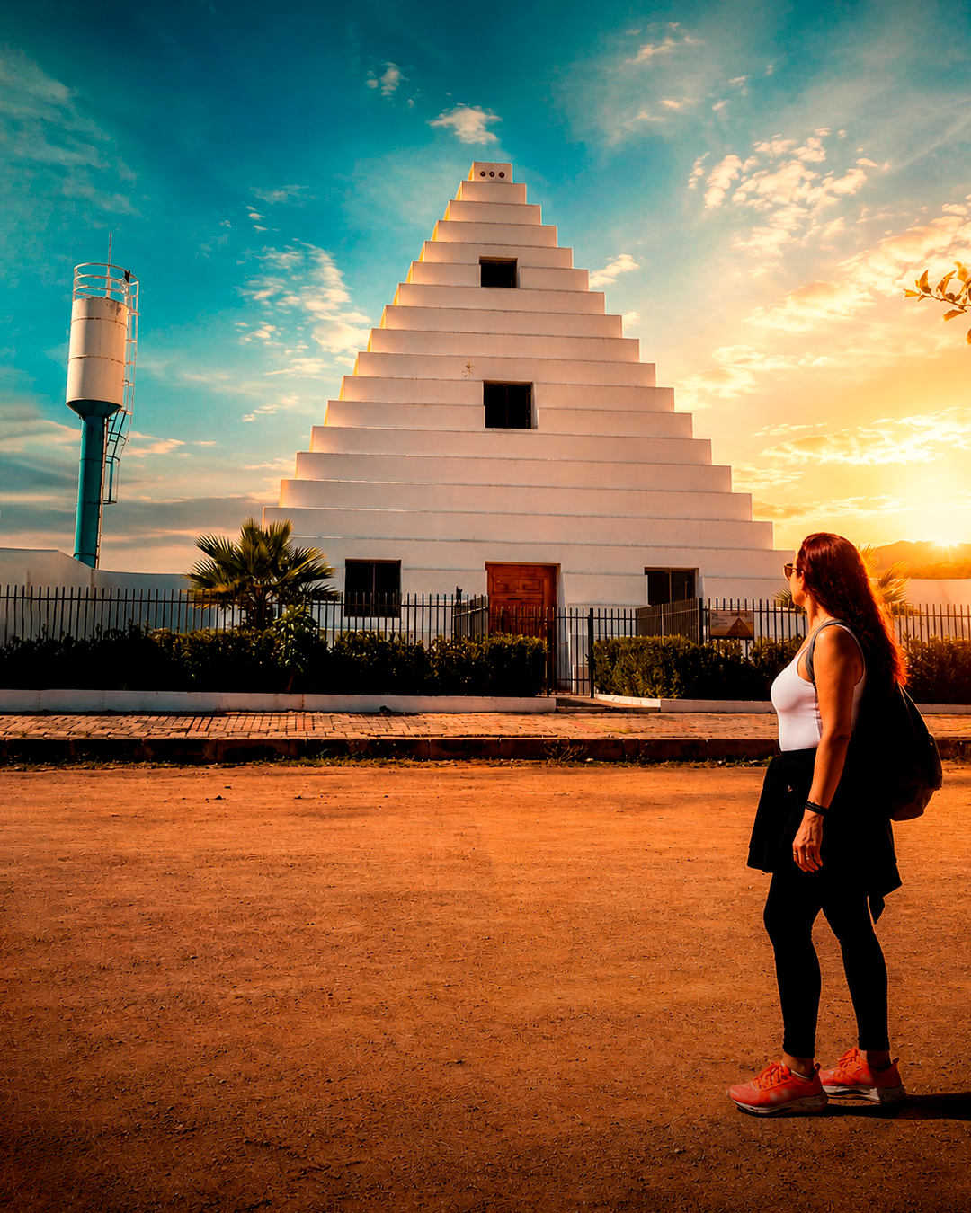 Viajante contemplando uma construção em forma de pirâmide ao pôr do sol